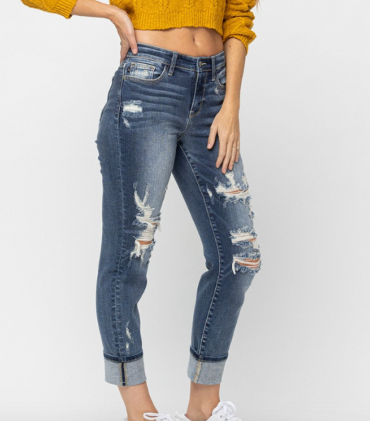 Judy Blue Mid Rise Cuffed Destroyed Jeans